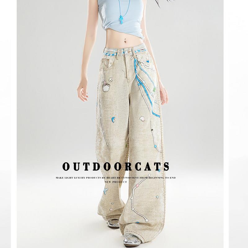 OUTDOORCAT蕾丝印花牛仔裤女2025年夏季新款宽松直筒阔腿裤子女潮