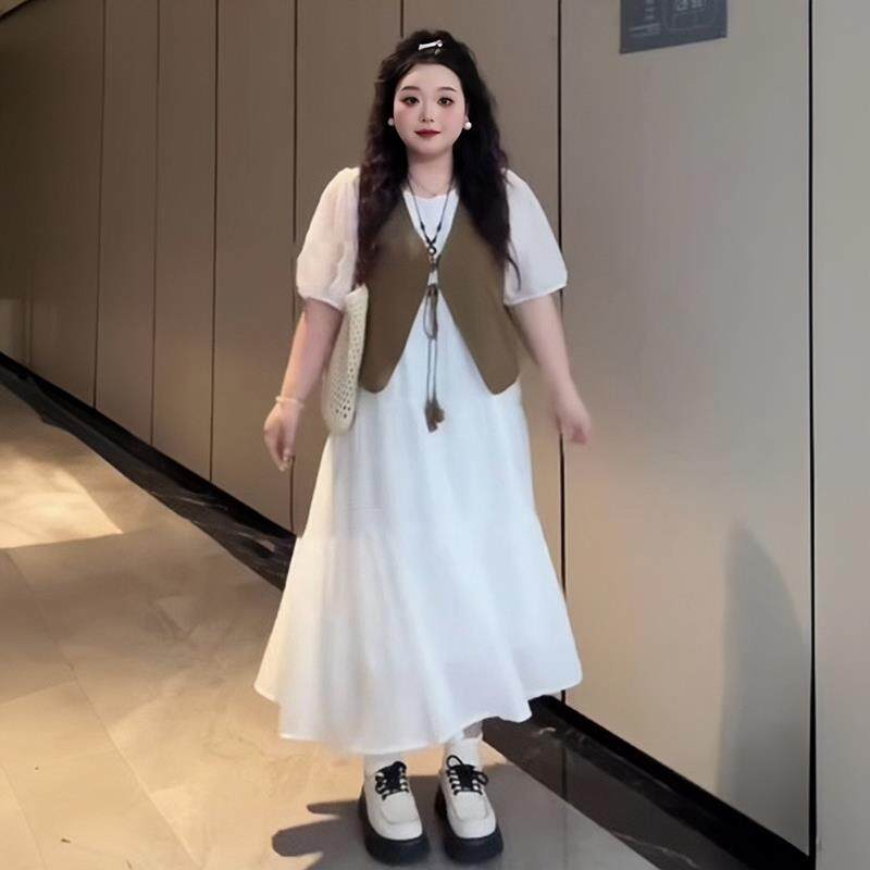 大尺码女装胖mm文艺风圆领短袖洋装+V领马甲2026夏季显瘦气质套装