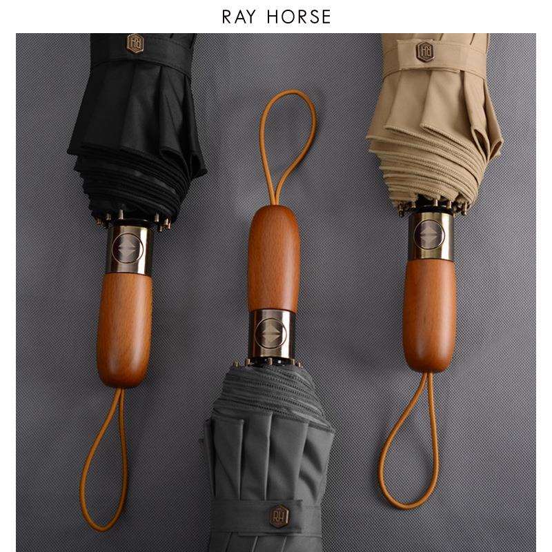 RAY HORSE三折木柄全自动折叠伞双层十骨素色晴雨伞