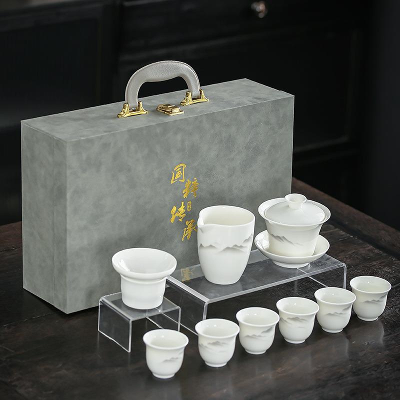 档高羊脂茶玉瓷具套装手绘远悬山家用简约功夫泡茶FCX器可停盖碗