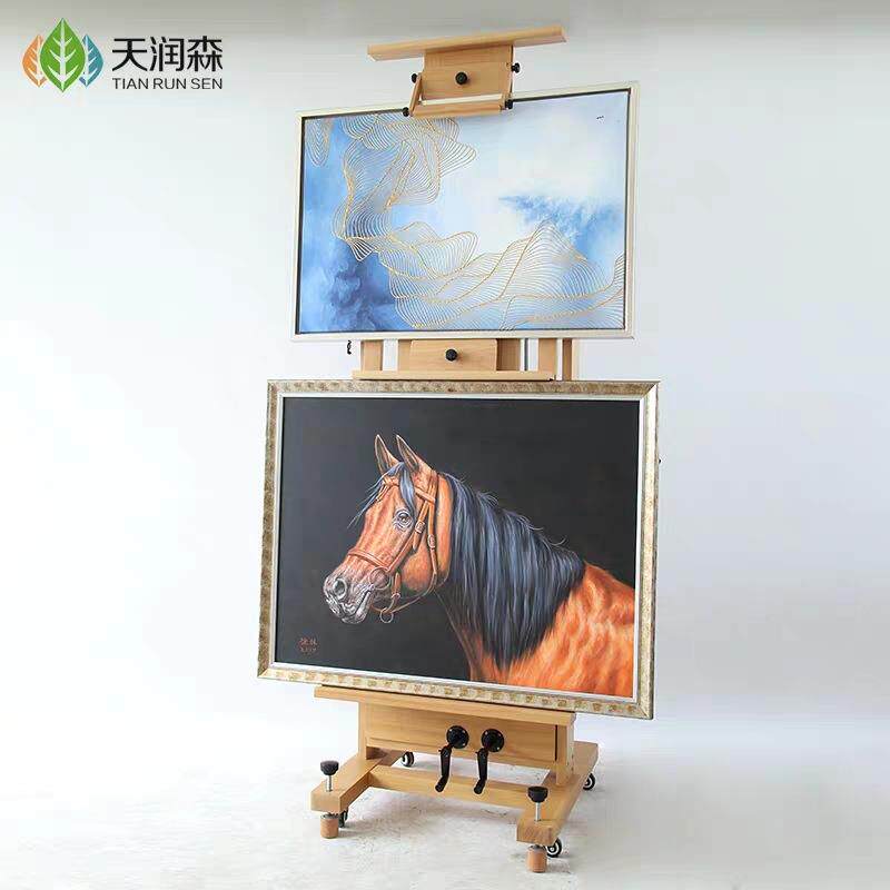 天闰森榉木油画架单手摇画架双摇杆升降前倾落地画架实木质成人架