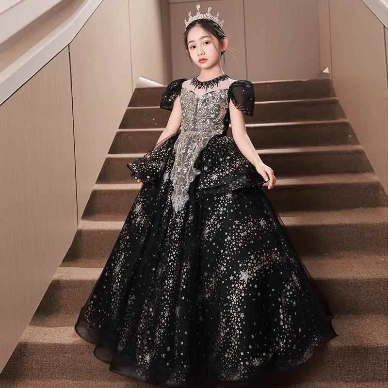 儿童礼服女童生日公主裙高端轻奢小众主持人钢琴演奏演出服黑色春