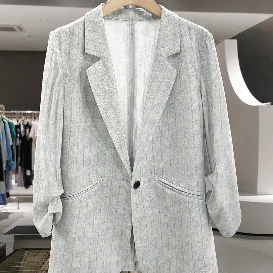 LILY MOST夏新款灰色条纹质感薄款西装外套女老钱风抽皱炸街西服