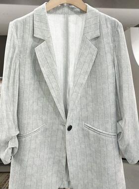 LILY MOST夏新款灰色条纹质感薄款西装外套女老钱风抽皱炸街西服