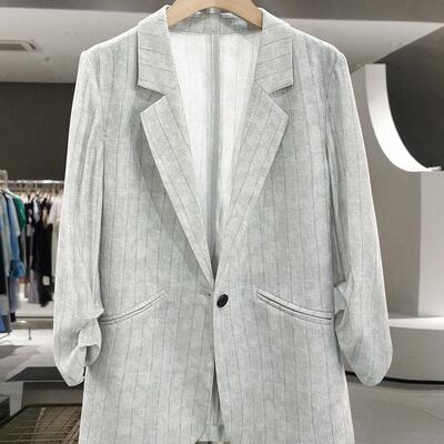 LILY MOST夏新款灰色条纹质感薄款西装外套女老钱风抽皱炸街西服