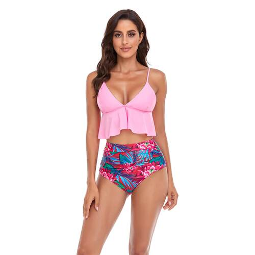 Swimsuit, high waisted bikini, ruffled edge deep V swimsuit