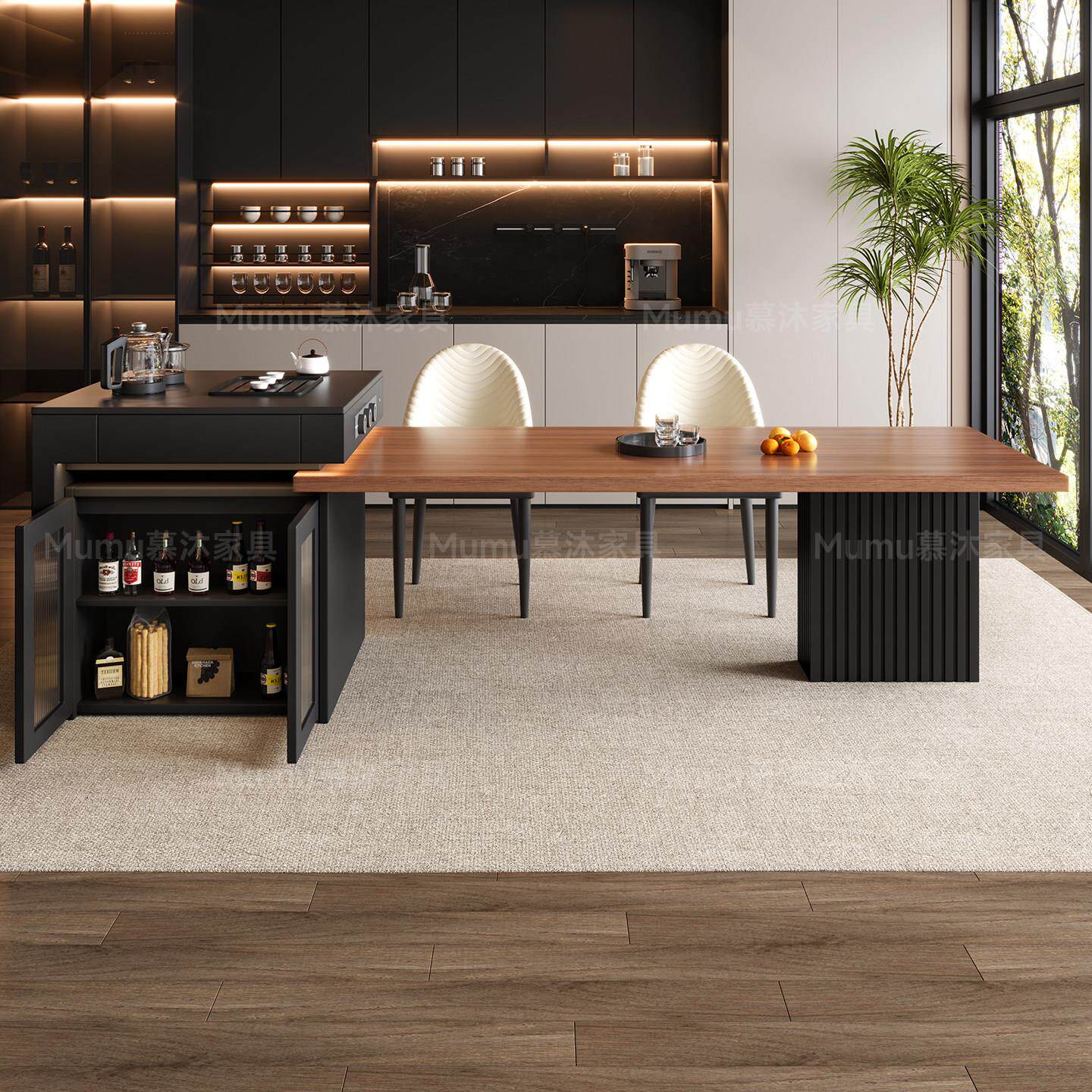 岛台餐桌一体家用可伸缩意式轻奢高级感岩板导台茶桌带泡茶电磁炉