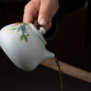 新款直销开片汝窑描金木柄侧把壶莲心壶单茶壶陶瓷功夫茶具泡茶壶