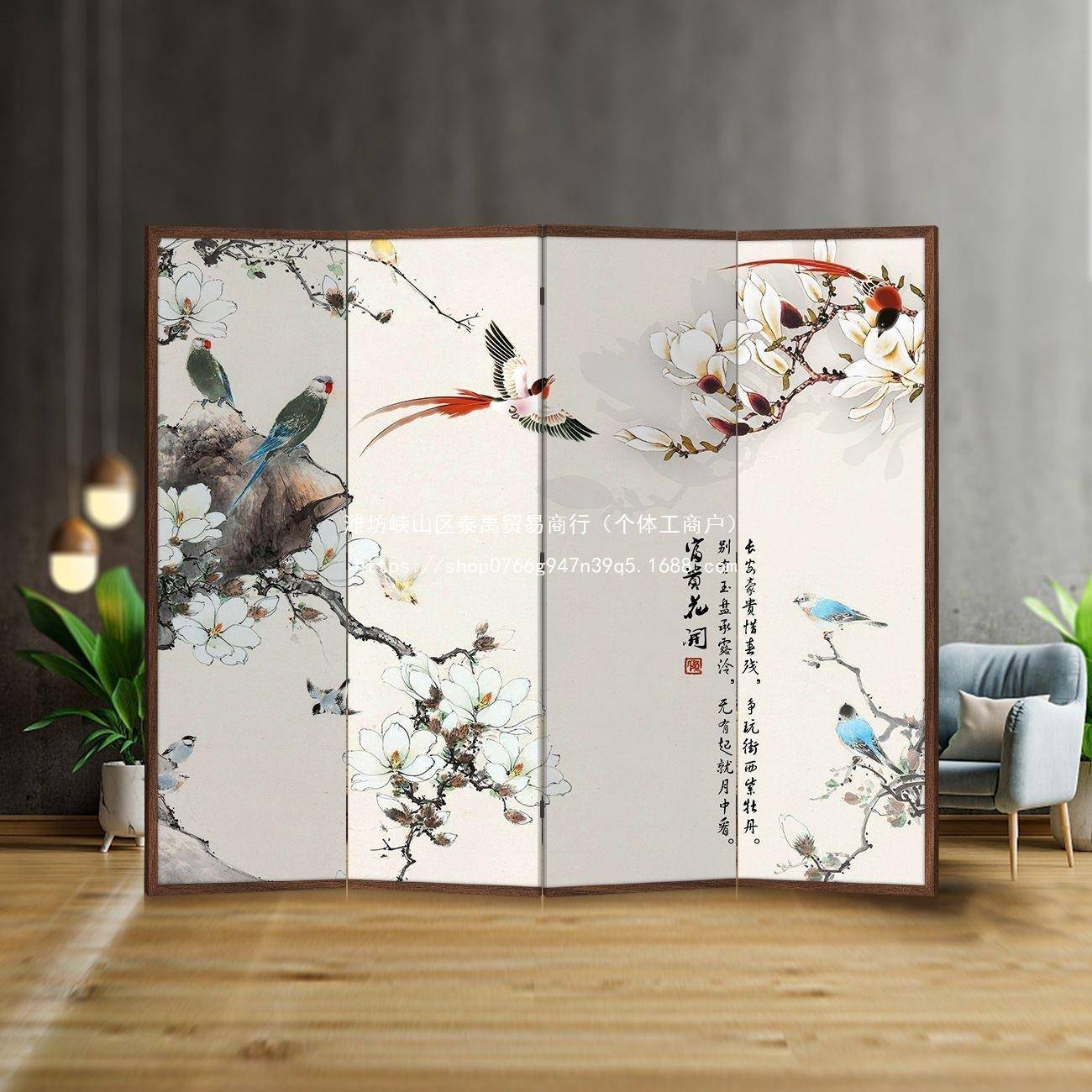 新中屏风门隔断进玄关办公YJI式遮挡可移动室茶家用山水图案折叠