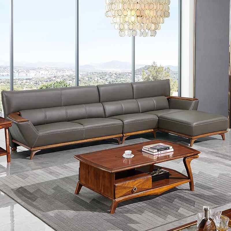实木沙发原木客厅新家具简约现代式转角北欧真皮组合乌金木沙发