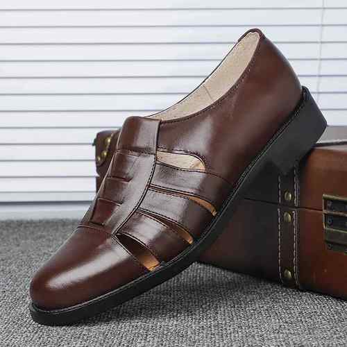 正品老三条皮凉鞋男皮商爸务正装夏季中老男真鞋包头厚底防滑年爸
