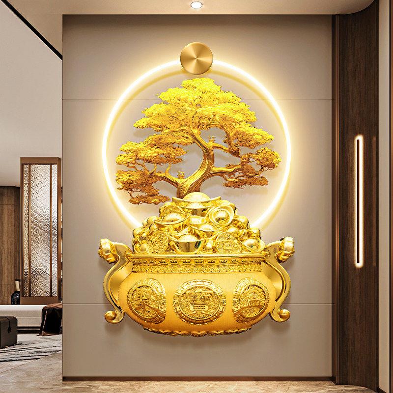轻奢发财树玄关装饰画高档立体进门正对墙带灯挂画入户走廊过道画