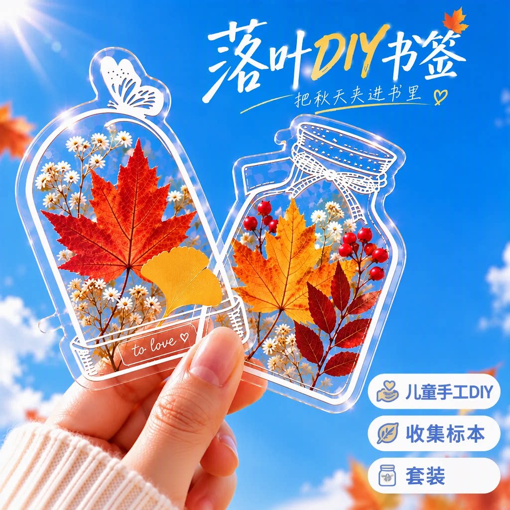 儿童手工DIY材料干花落叶书签套装透明压花树叶标本瓶子里的秋天