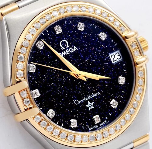 盒证98新33.5mm欧米茄星座系间金星空盘石英女表腕表后改盘后镶钻