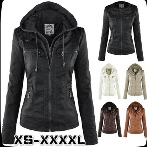 Long sleeved zipper hooded leather jacket, plus size