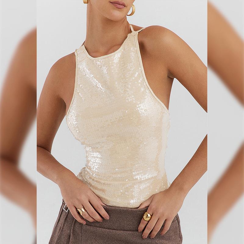 straps halter pullover top sequin fit backless neck color