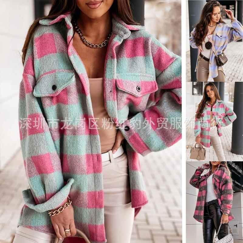coat thick woolen coat mohair plaid contrast versatile