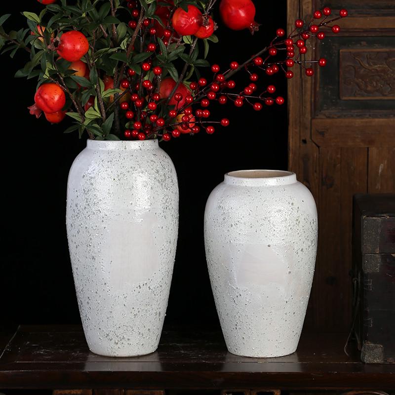 现代简约陶瓷花瓶中式摆件复古小清新干花插花手工白色粗陶罐瓷器