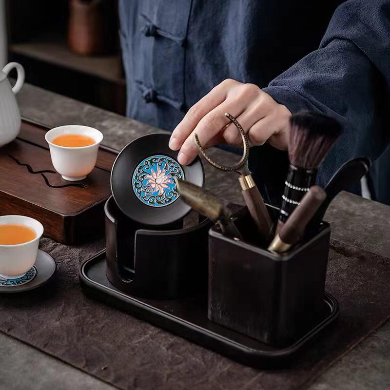茶道六君子套装实木黑檀纯铜泉州功夫茶具配件茶夹笔筒杯垫景泰蓝