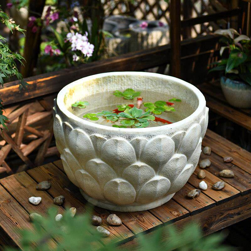 中式庭院鱼缸荷花花盆户外古法鱼池树脂造景布置室外小水景景观