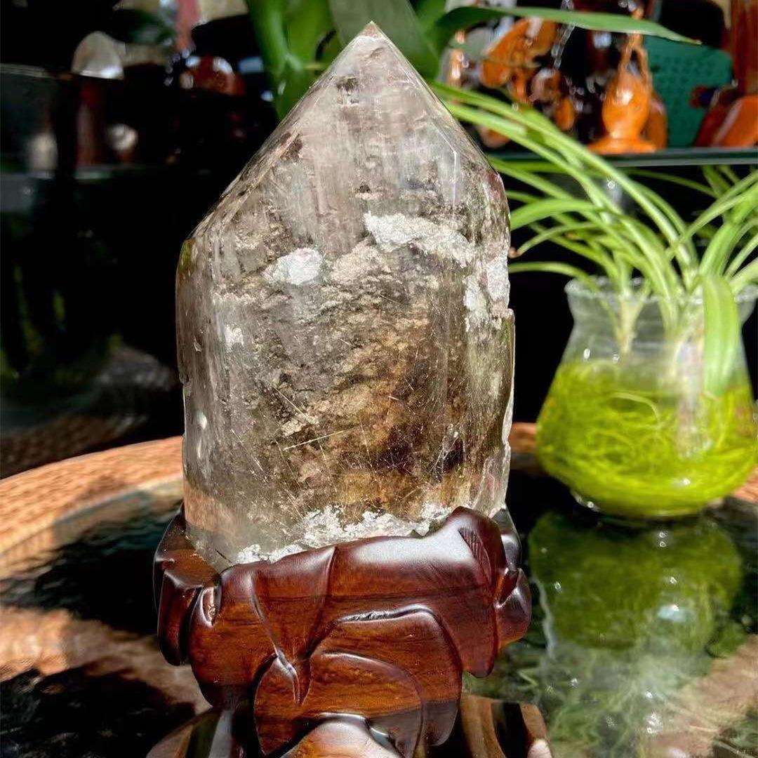 天然绿幽灵原石发晶彩幽灵千层山聚宝盆发晶原石水晶绿幽灵摆件