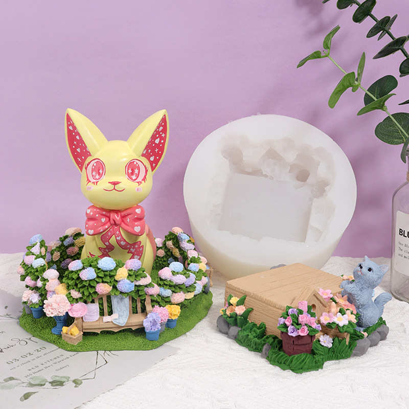绣球花丛底座硅胶模具复古珍爱兔石膏娃娃底座家居收纳模具