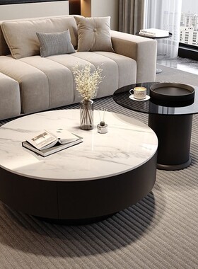 代意式几轻ETP奢极简岩板茶几现小户厅型客家用茶玻茶桌大小圆茶