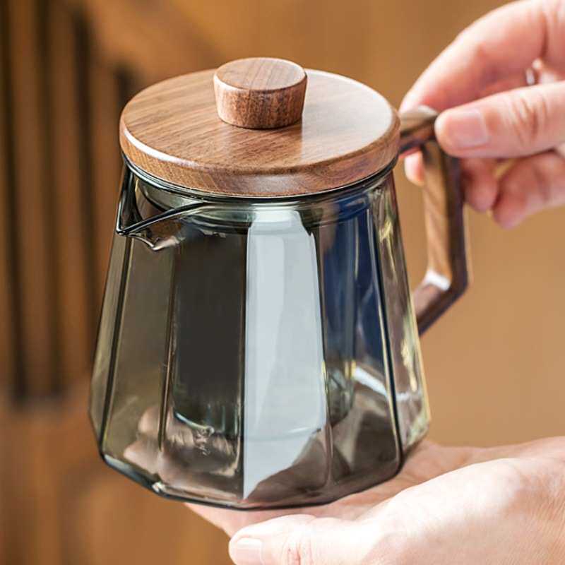 围炉煮茶壶 耐高温菱角透黑玻璃泡茶壶 侧木把带盖电陶炉煮茶壶