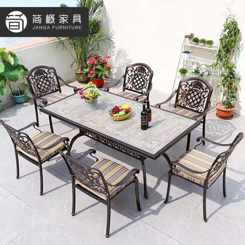 户外别墅铸铝长桌休闲庭院花园瓷砖拼花桌防水防晒露台全铝圆桌
