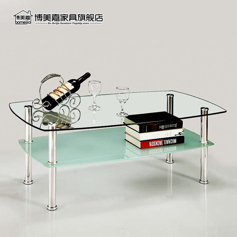 钢化玻璃小茶几简约现代小户型客厅不锈钢创意简易长方形茶几双层