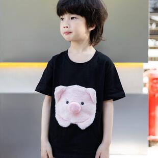 儿童T恤男童短袖可爱宝宝立体小猪猪图案上衣女童兄妹姊弟装夏季