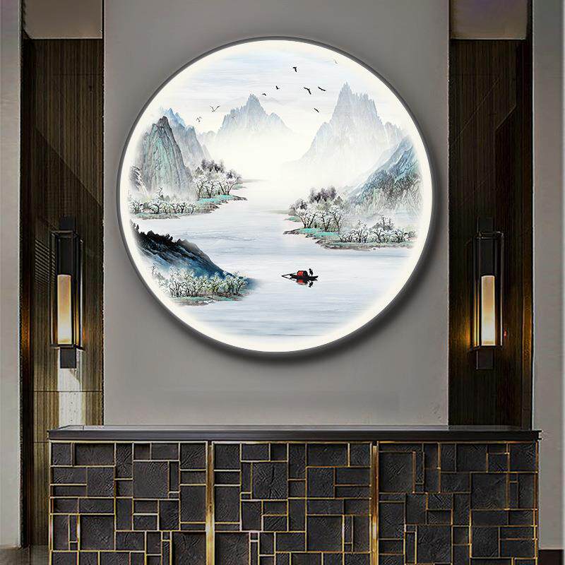 新中式圆形装饰画LED灯画发光挂画玄关画过道墙画水墨禅意山水画
