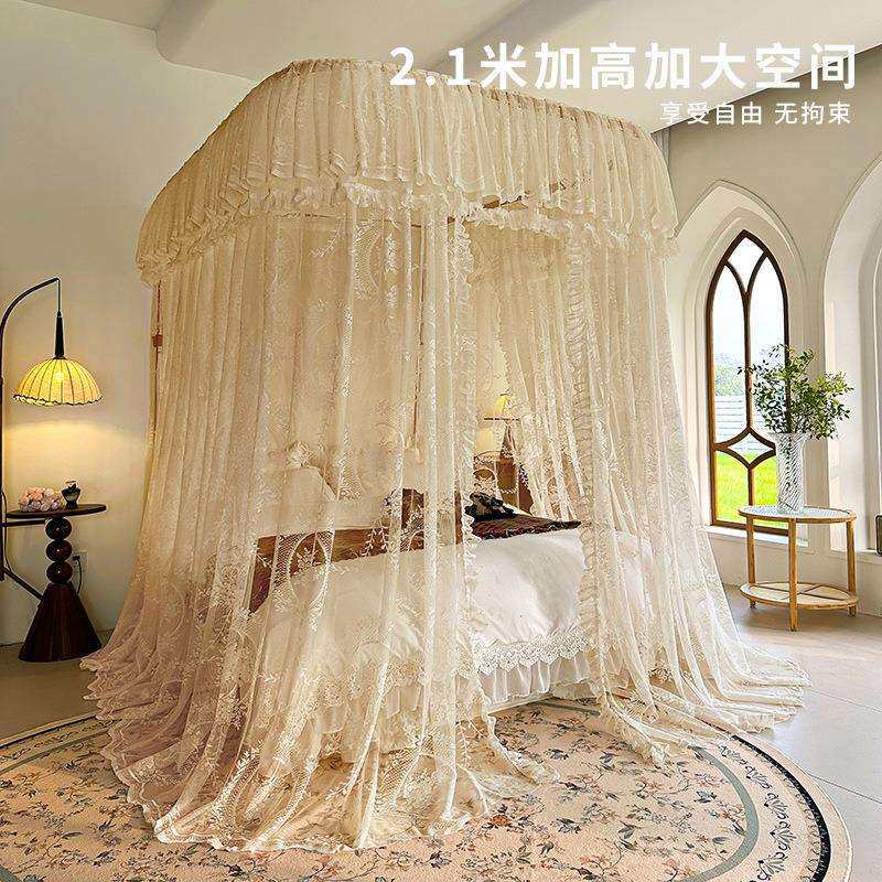 导轨蚊帐家用卧室宫廷u型轨道通用高级落地遮光纹帐新款床帘