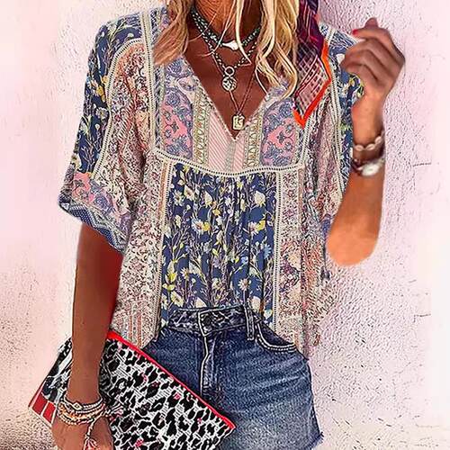 Floral Print V Neck TShirt Boho Half Sleeve Top For Spring