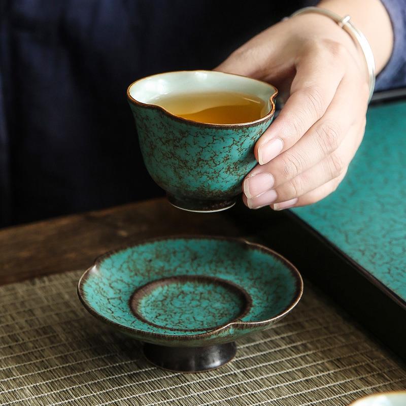 陶瓷功夫茶具茶杯 家用窑变复古品茗杯闻香杯松石绿主人杯小单杯