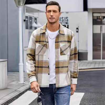 Men Flannel Shirts Casual Button Plaid Shirt Jacket Sleeve