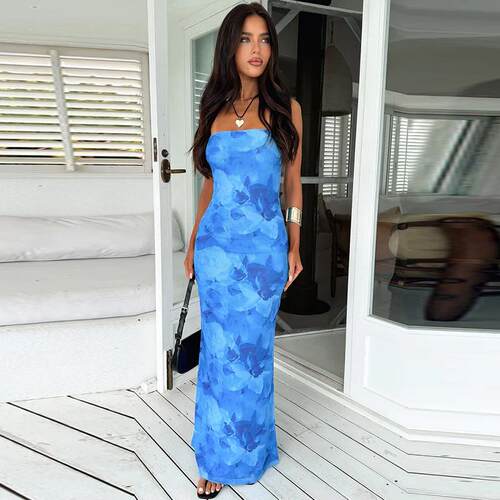 Women's Rose Print Ruched Lace-Up Backless Cami Dress