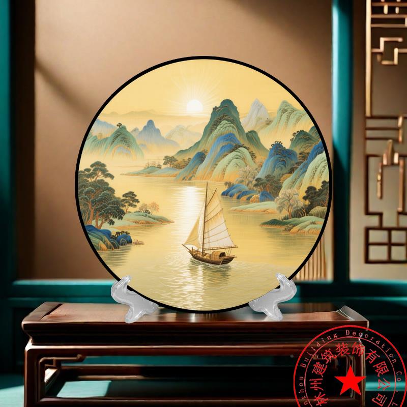 新中式复古典圆形山水画摆件玄关办公室装饰圆盘摆台桌摆旭日东升