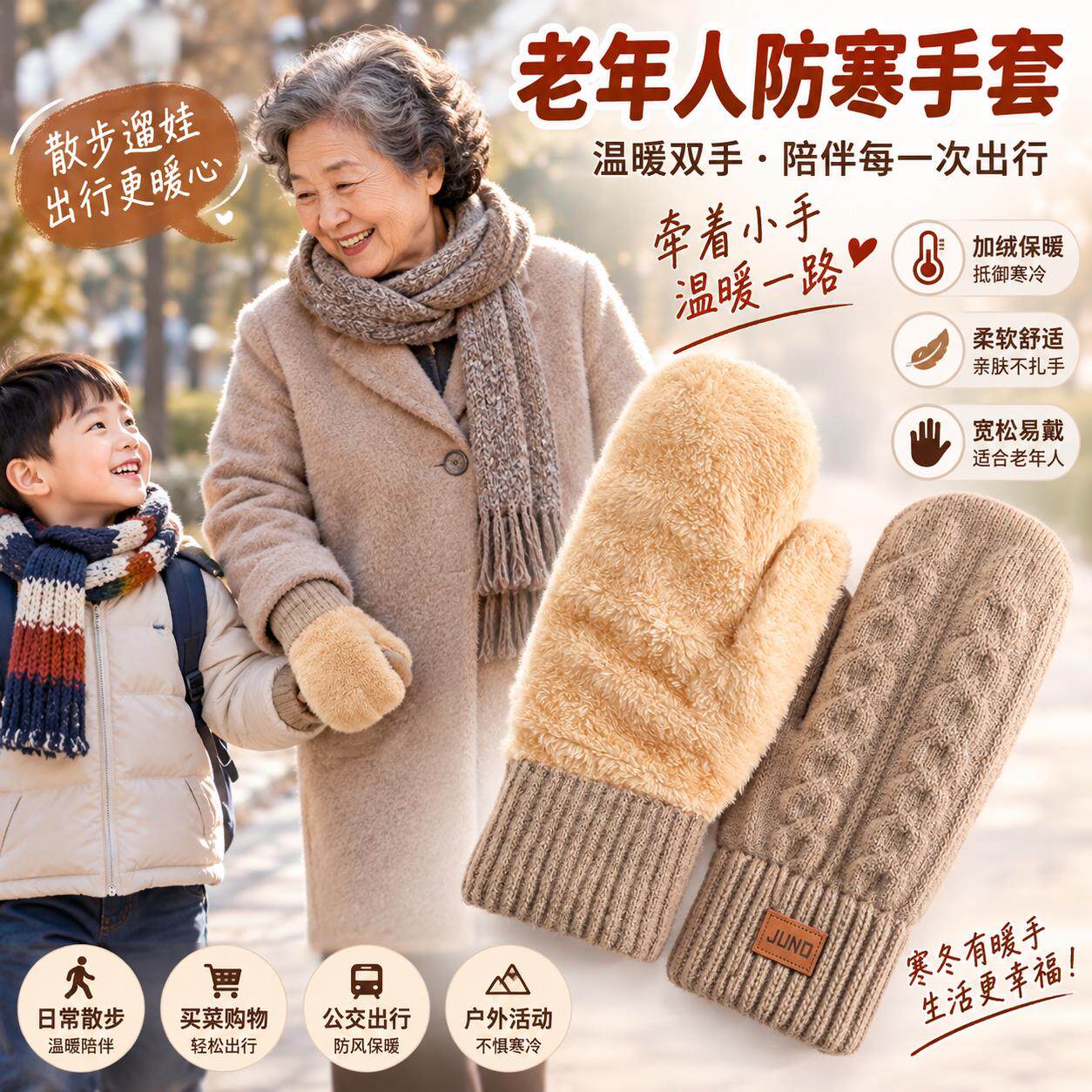 冬季老年人保暖手套加厚针织防寒女妈妈奶奶爷爷骑车专用徒步登山