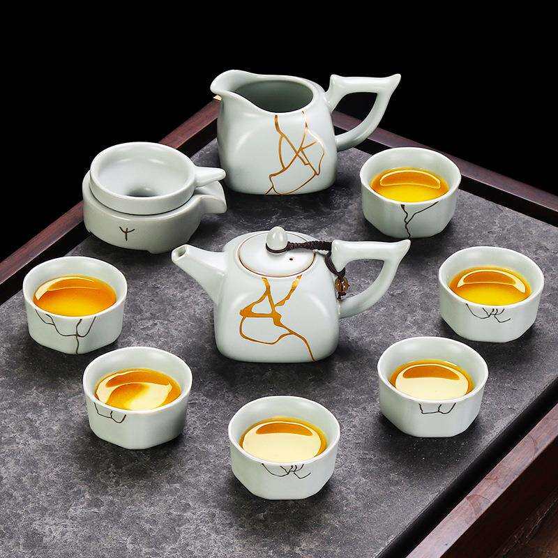 功夫整套茶具开片可养汝瓷牡丹茶杯茶壶家用复古汝窑浮雕陶瓷套装