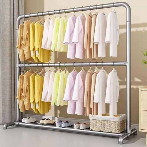 钢管晾衣架落地阳台卧室挂衣架镀锌家用简易凉衣杆两挂晾晒晾被杆