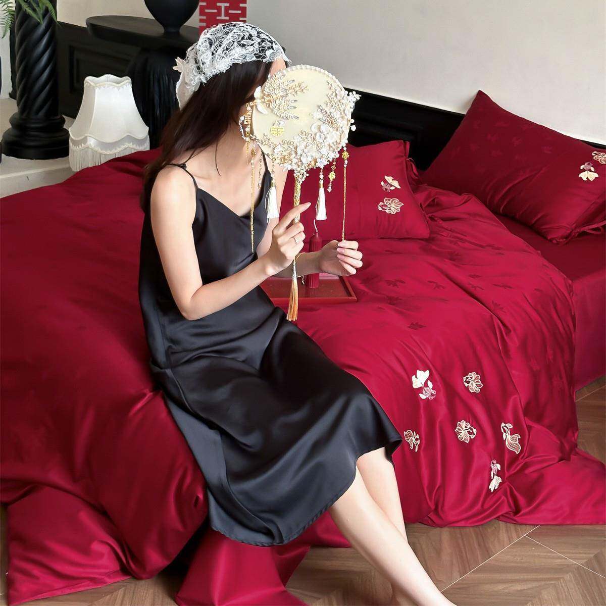 简约现代风金鱼刺绣婚庆大红结婚床上用品纯棉长绒棉四件套家纺
