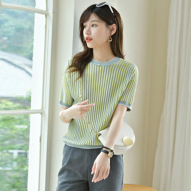 小香风竖条纹天丝针织衫上衣宽松2026年夏季新款冰丝短袖t恤女薄