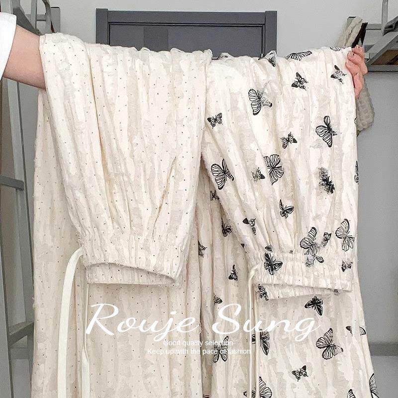 ROUJE SUNG白色蝴蝶破洞山本裤女春夏高腰垂感休闲破洞阔腿休闲裤