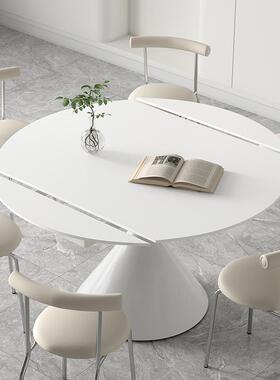 奶方油纯白色哑光岩板F769MT75叠餐桌旋转伸缩风折华尔兹餐桌变圆