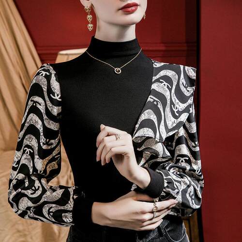 Printed ruffle edge patchwork stand up collar top for women