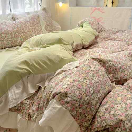 正品韩式风花边上用品四件套少女心纯棉单被套1./1.床8m宿5床舍三