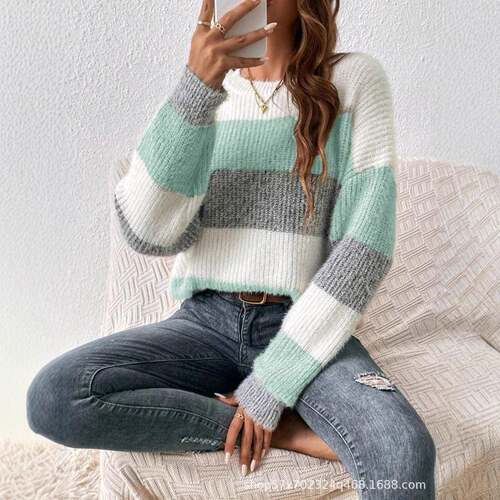 Plus Size Colorblock Striped Print Drop Shoulder Sweater