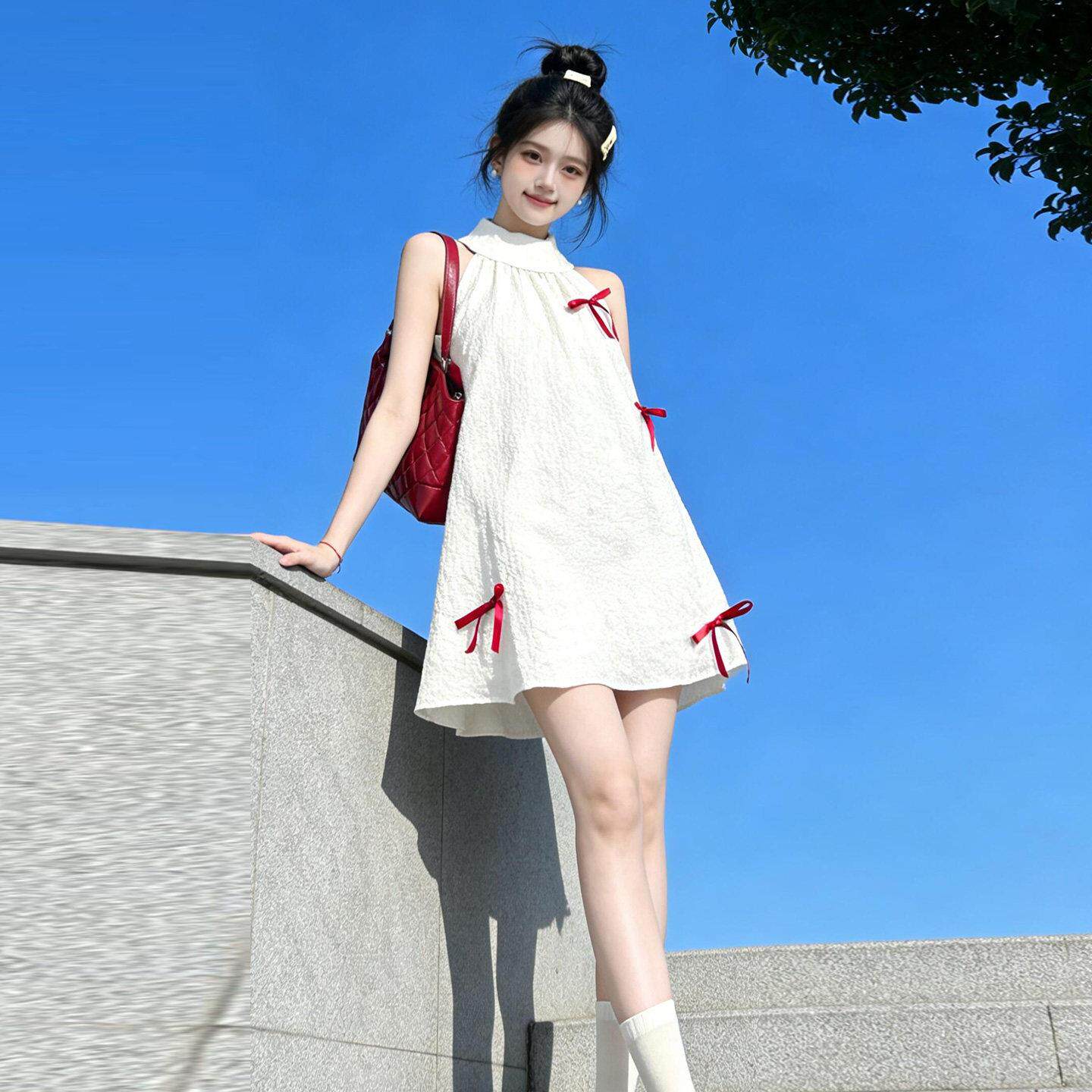 甜美白色蝴蝶结挂颈洋装女夏季新款宽松显瘦小个子无袖娃娃短裙