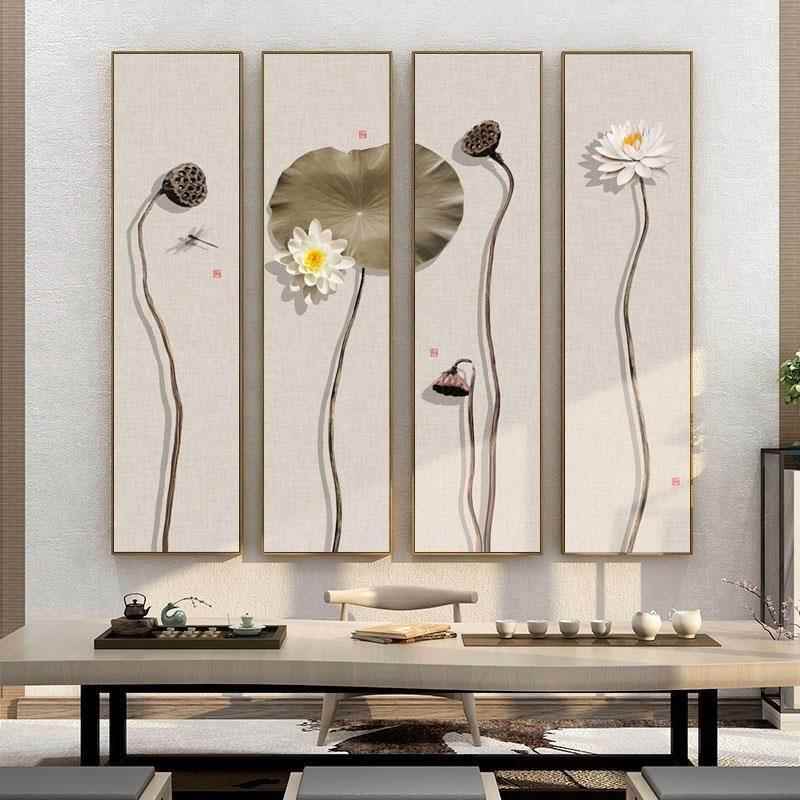 新中式禅意荷花装饰画茶室书房客厅背景墙壁画复古莲蓬四联屏挂画图片